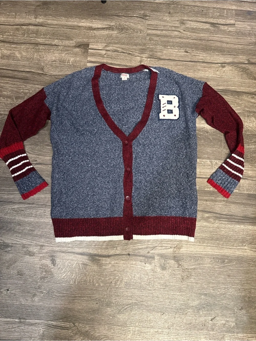 Mossimo Varsity Cardigan Sweater Blue Burgundy Preppy Cozy Size M